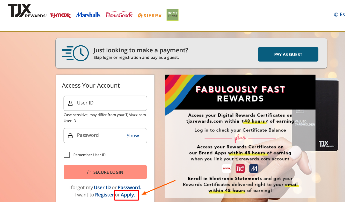 TJX Credit Card apply page