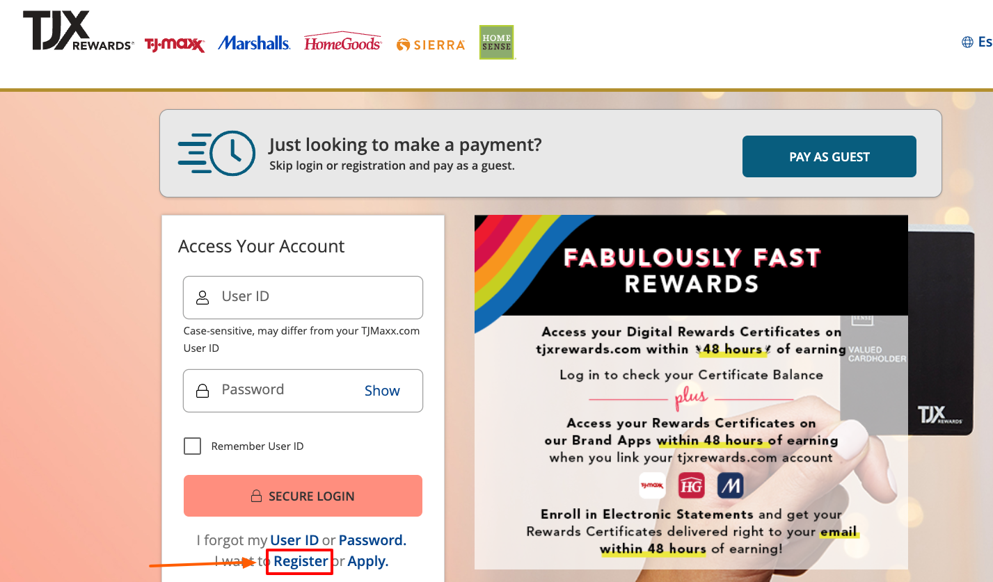 TJX Credit Card register page