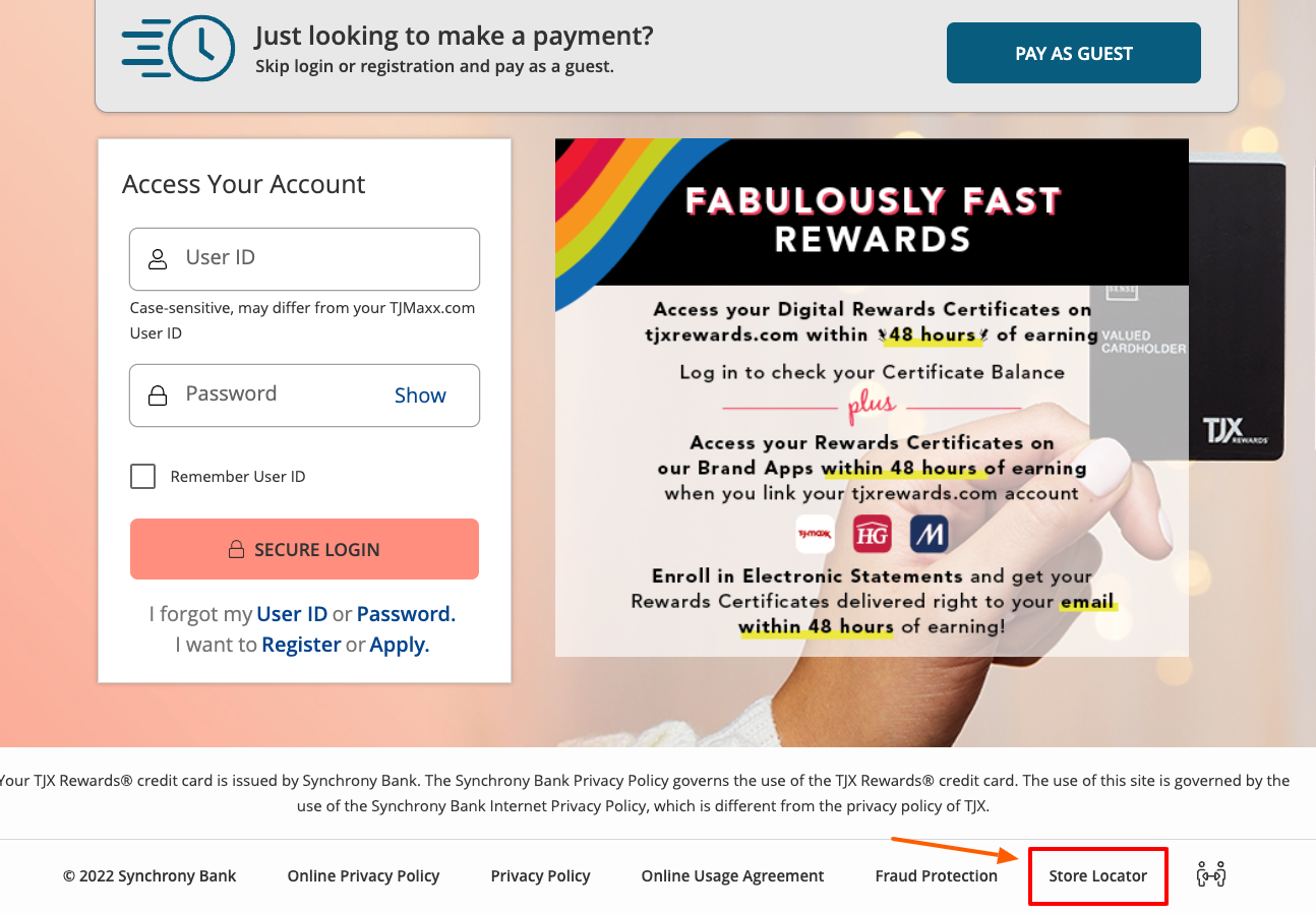 TJX Credit Card store locator page